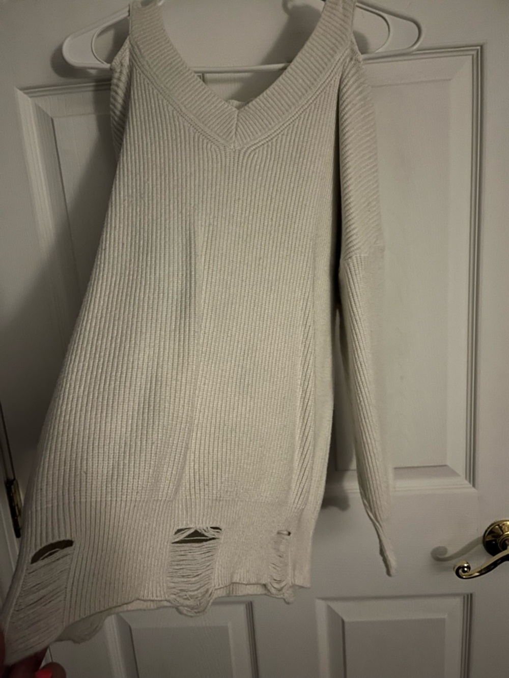 White Ribbed Cold-Shoulder Sweater - Picture 2 of 2